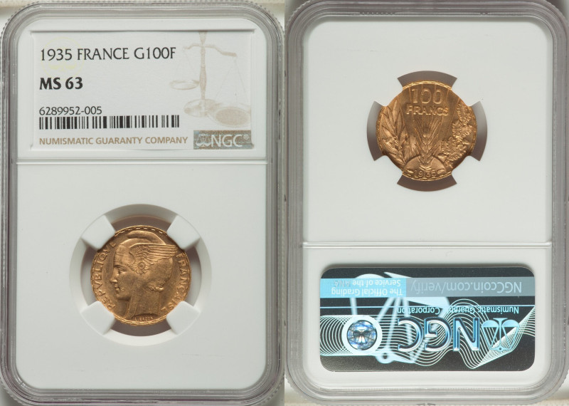 Republic gold "Bazor" 100 Francs 1935 MS63 NGC, Paris mint, KM880, Fr-598, Gad-1...