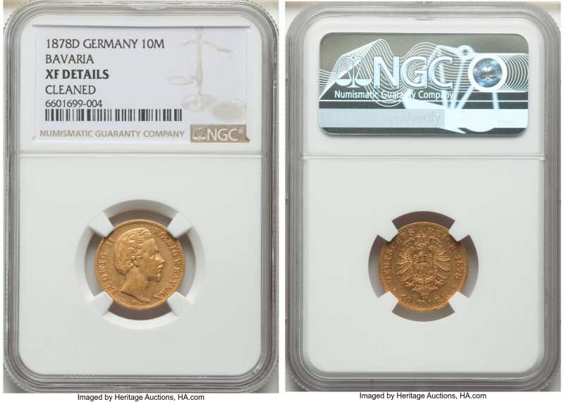 Bavaria. Ludwig II gold 10 Mark 1878-D XF Details (Cleaned) NGC, Munich mint, KM...