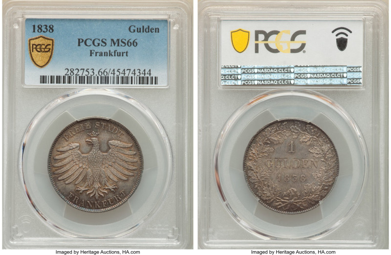 Frankfurt. Free City Gulden 1838 MS66 PCGS, KM316, AKS-22. Rose tinted gray toni...