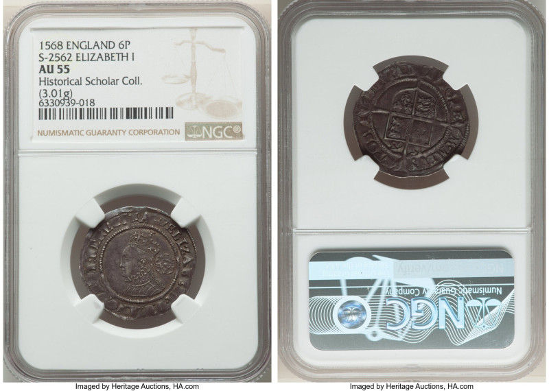 Elizabeth I (1558-1603) 6 Pence 1568 AU55 NGC, Tower mint, Coronet mm, S-2562, N...