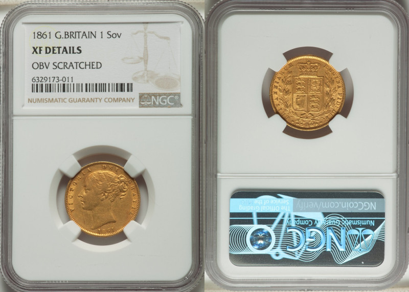 Victoria gold "Shield" Sovereign 1861 XF Details (Obverse Scratched) NGC, KM736....