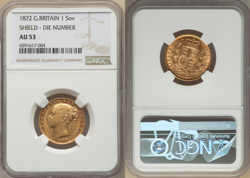 Victoria gold "Shield" Sovereign 1872 AU53 NGC, KM736.2, S-3853B. Die #31. 

HID...