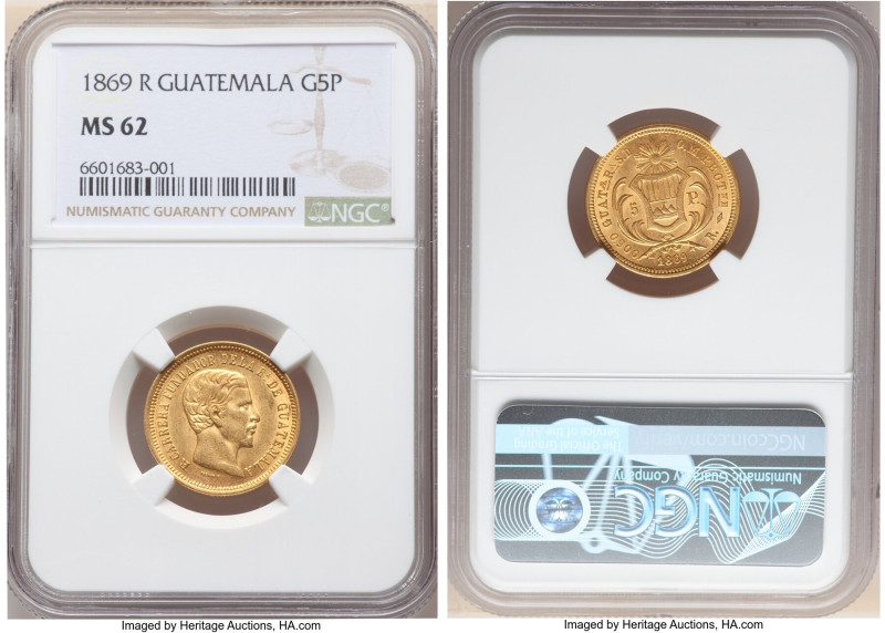 Republic gold 5 Pesos 1869-R MS62 NGC, KM191, Fr-42. Mintage: 49,000. One year t...