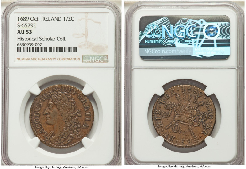 James II Gunmoney 1/2 Crown 1689 AU53 NGC, KM95, S-6579E. October 1689 Issue. So...