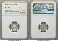 British India. Victoria Pair of Certified Assorted Issues NGC, 1) 2 Annas 1862-(b) - MS63, Bombay mint, KM469 2) 1/4 Rupee 1862-(c) - MS63+, Calcutta ...