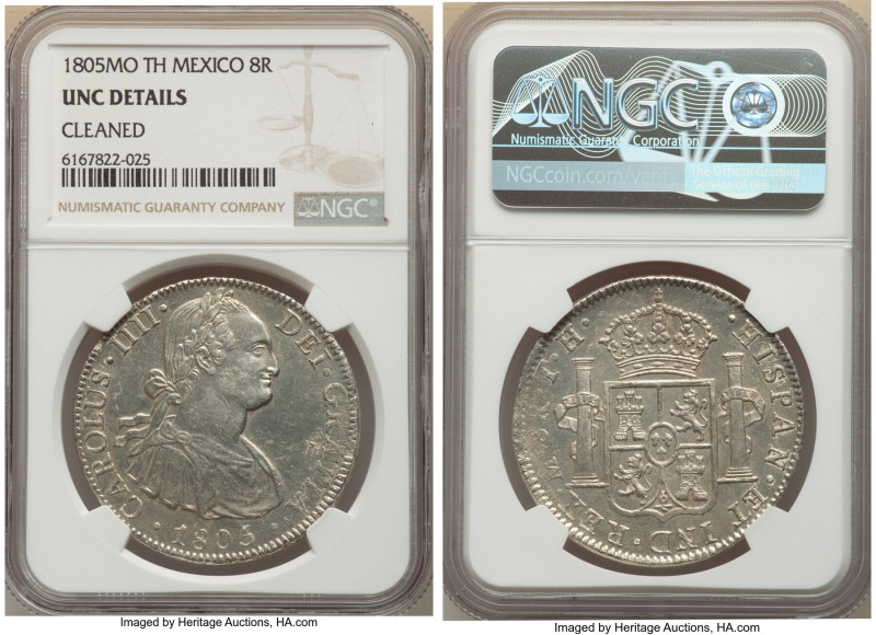 Charles IV 8 Reales 1805 Mo-TH UNC Details (Cleaned) NGC, Mexico City mint, KM10...