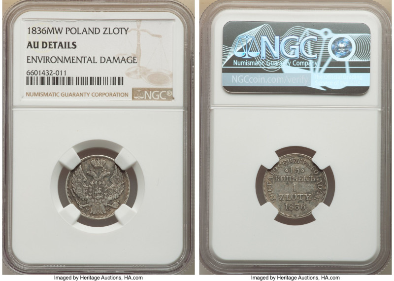 Nicholas I of Russia Zloty (15 Kopeks) 1836-MW AU Details (Environmental Damage)...