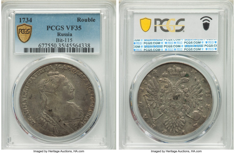 Anna Rouble 1734 VF35 PCGS, Kadashevsky mint, KM192.2, Bit-115. With three-pearl...