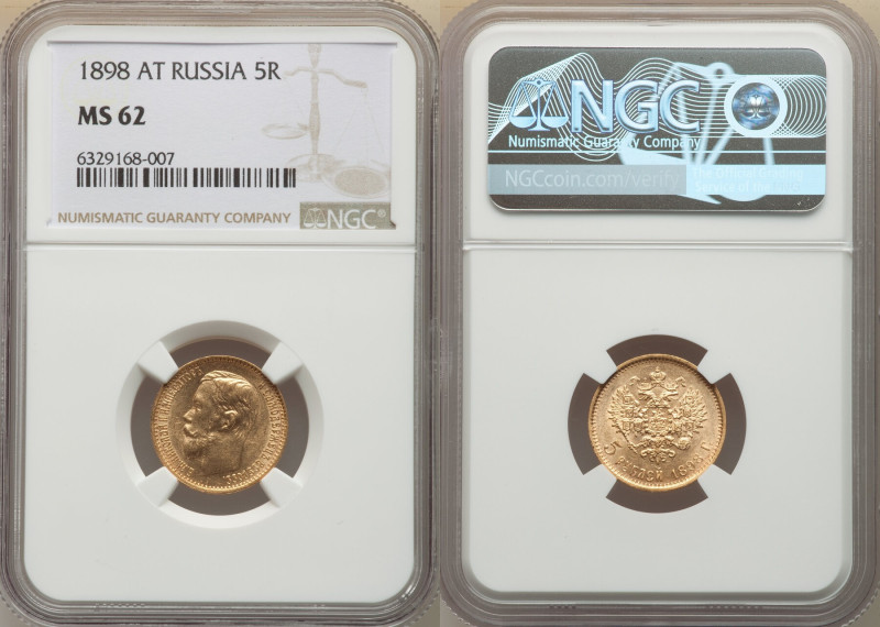 Nicholas II gold 5 Roubles 1898-AГ MS62 NGC, St. Petersburg mint, KM-Y62, Fr-180...