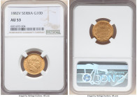 Milan I gold 10 Dinara 1882-V AU53 NGC, Vienna mint, KM16. 

HID09801242017

© 2022 Heritage Auctions | All Rights Reserved