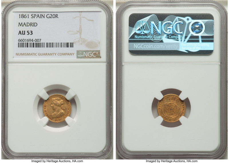 Isabel II gold 20 Reales 1861 AU53 NGC, Madrid mint, KM610. 

HID09801242017

© ...