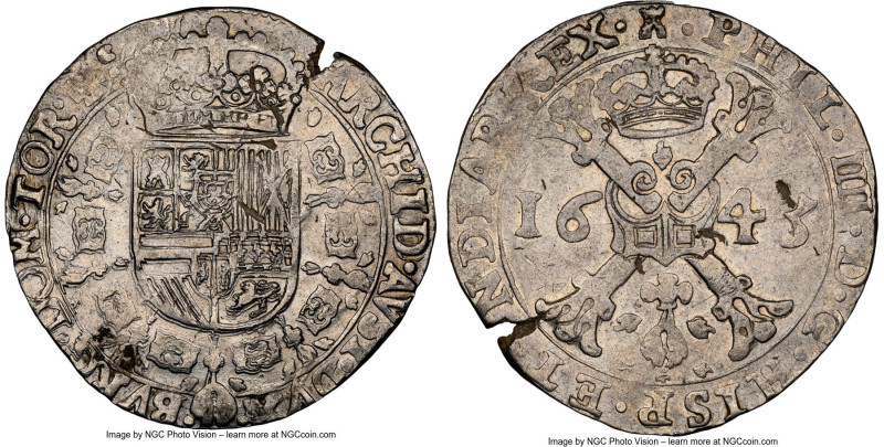 Tournai. Philip IV of Spain Patagon (48 Sols) 1643 AU53 NGC, KM-A42, Dav-4470. S...