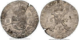 Tournai. Philip IV of Spain Patagon (48 Sols) 1643 AU53 NGC, KM-A42, Dav-4470. St. Andrew's cross dividing date. Crowned arms of Philip IV within Orde...