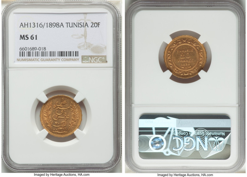 French Protectorate. Ali Bey gold 20 Francs AH 1316 (1898)-A MS61 NGC, Paris min...