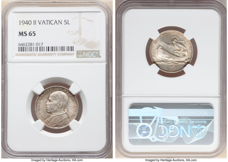 Pius XII 5 Lire Anno II (1940) MS65 NGC, Rome mint, KM28. 

HID09801242017

© 20...