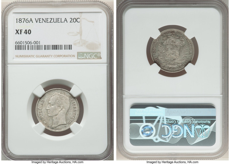 Republic 20 Centavos 1876-A XF40 NGC, Paris mint, KM-Y14. Two year type. 

HID09...