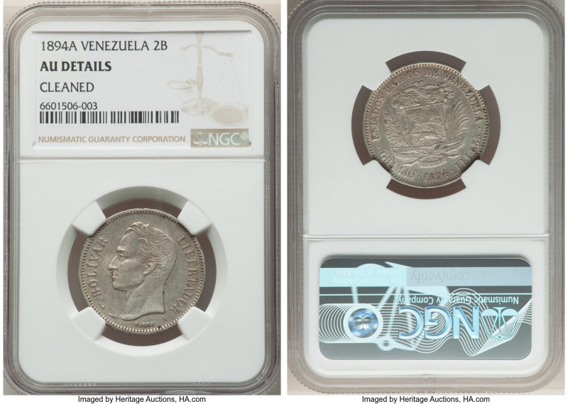 Republic 2 Bolivares 1894 AU Details (Cleaned) NGC, Paris mint, KM-Y23. 

HID098...