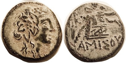 AMISOS, Æ20, c. 100 BC, Dionysos head r/Cista mystica, S3640; VF-EF, centered, d...