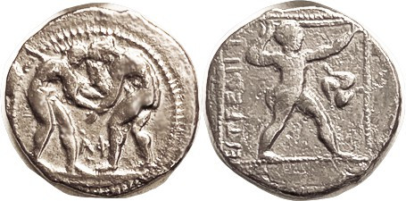 ASPENDOS, Stater, 370-333 BC, 2 Wrestlers, Lambda-Phi betw/ Slinger rt, triskele...