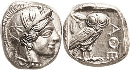 ATHENS, Tet, 449-413 BC, Athena head r/owl stg r, S2526; Choice Mint State, excellent metal with blazing mint luster, well centered & very sharply str...