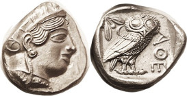 ATHENS, Tet, 449-413 BC, Athena head r/owl stg r, S2526; Virtually Mint State, very sharply struck in high relief on a pear-shaped flan, the rev well ...