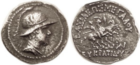 BAKTRIA, Eukratides I, 171-135 BC, Drachm, Helmeted head r/Dioscuri on horseback, Balkh mintmk at rt, S7573; VF, centered on a broad flan, some very s...