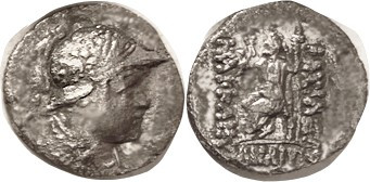 BAKTRIA, Heliokles, c.145-130 BC, Drachm, Helmeted Bust r/Zeus std l, AVF/F, cen...