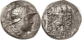 BAKTRIA, Heliokles, c.145-130 BC, Drachm, Helmeted Bust r/Zeus std l, AVF/F, centered, moderately porous, but a decent clear portrait. Rare. (A GVF re...
