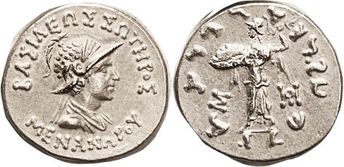 BAKTRIA, Menander, 160-145 BC, Tet, Helmeted bust r/Athena stg l, Pushkalavati m...