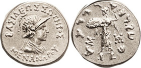 BAKTRIA, Menander, 160-145 BC, Tet, Helmeted bust r/Athena stg l, Pushkalavati mintmk rt, Sigma left, S7597; EF/AEF, well centered & struck, good brig...