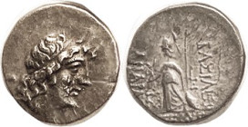 CAPPADOCIA, Ariarathes IX, Drachm, bust r/Athena stg l; VF, somewhat off-ctr (obv to bottom) & crudely struck, sm obv edge crack, portrait has some di...