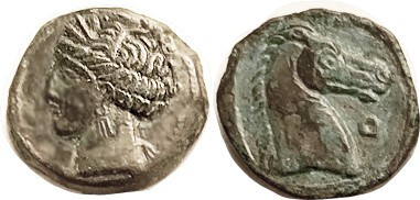 CARTHAGE, Æ19, 3rd cent BC, Tanit head l./Horse head r, O to rt; VF, well center...