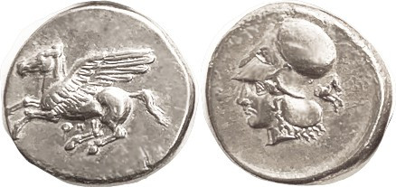 CORINTH, Stater, 400-375 BC, Pegasos left, QH below/ Athena head l, horse forepa...
