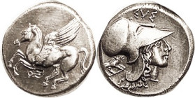 CORINTH, Stater, COPY, by Slavei, Pegasos l, small c/mk "S" below/Athena head r, boar behind; struck, in silver, VF-EF nicely toned, excellent work.