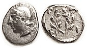ELAIA, Hemiobol, 460-400 BC, Athena hd l,./wreath, E-I below; AVF, centered, good metal, lt tone, bold & decent. (A VF realized $198, Savoca 3/22.)