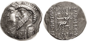 ELYMAIS, Kamnaskires III & Queen Anzaze, c. 82-73 BC, Ar Tet, Conjoined busts left/Zeus std l., lgnd around, tiny letters MAKE DO N at inner left; S61...