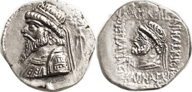 ELYMAIS, Kamnaskires V, 54-33 BC, Ar Tet, Bearded bust l., star above anchor/ lgnd & bearded bust l, monogram PK retrograde below chin, Alr. 463 var ;...