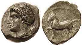 ERYX, Æ15 Onkia, c.400-340 BC, Female head l./horse stg l, Calc.p.285, 19/10; VF...