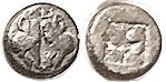 LESBOS, 1/24 Stater or Obol, .604 gms, c.500-450 BC, 2 boar hds face-to-face, Gr...