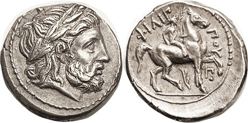 MACEDON, Philip II, 359-336 BC, Tet, Zeus head r/Rider r, aphlaston & Pi below, ...