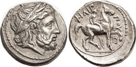 MACEDON, Philip II, 359-336 BC, Tet, Zeus head r/Rider r, aphlaston & Pi below, leR 46/18; Choice EF, sl off-ctr but a broad flan with nothing lost; s...