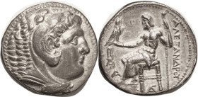 MACEDON, Alex the Great, 336-323 BC, Tet, by Antigonos Gonatas, Uncertain mint in Greece, Herakles head r/Zeus std l, Sistrum & A left, monogram below...