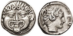 NEAPOLIS (Macedon), Hemidrachm, 424-350 BC, Facing Gorgoneion/nymph head r, lgnd...