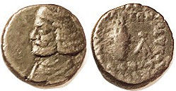 PARTHIA, Orodes II, 57-38 BC, Æ13, Rev Bowcase & large "A" monogram, Sel.43.17; F-VF, sl off-ctr, medium brown patina, portrait quite nice for these. ...