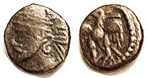 PARTHIA, Pakoros II, Æ10, Sellw 77.13, Bust l./Eagle facg; F-VF, nrly centered, medium brown, distinctive portrait & eagle quite clear. Rare.