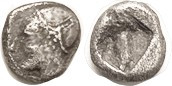 PHOKAIA, Diobol, c.521-478 BC, Archaic female head l./ rough incuse square; F, centered, head complete with some detail, only a hint of granularity.