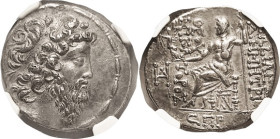 SYRIA, Demetrios II, 2nd reign, 129-125 BC, Tet, Bearded bust r/Zeus std l, monogram, date 186 below; in NGC slab as CH XF, Strike 5/5, Surf 2/5; it i...