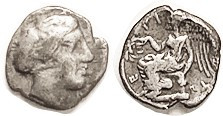 TERINA, Triobol, c.420-400 BC, Nymph head r/Nike std l; F+, centered on sl irregular flan, decent metal with lt tone. (Compare a VF bringing $510, CNG...