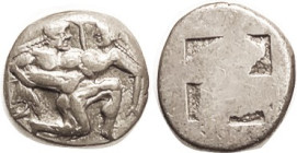 THASOS, Stater, 463-411 BC, Naked ithyphallic stater holding struggling nymph/ 4-part square, S1746; VF, well centered on a compact flan, excellent me...