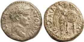 Judaea Capta, Titus, Caesarea Maritima, Æ20, H-1446, Bust r/Victory writing on shield; F-VF, sl thick olive green patina, rev sl off-ctr, strong portr...